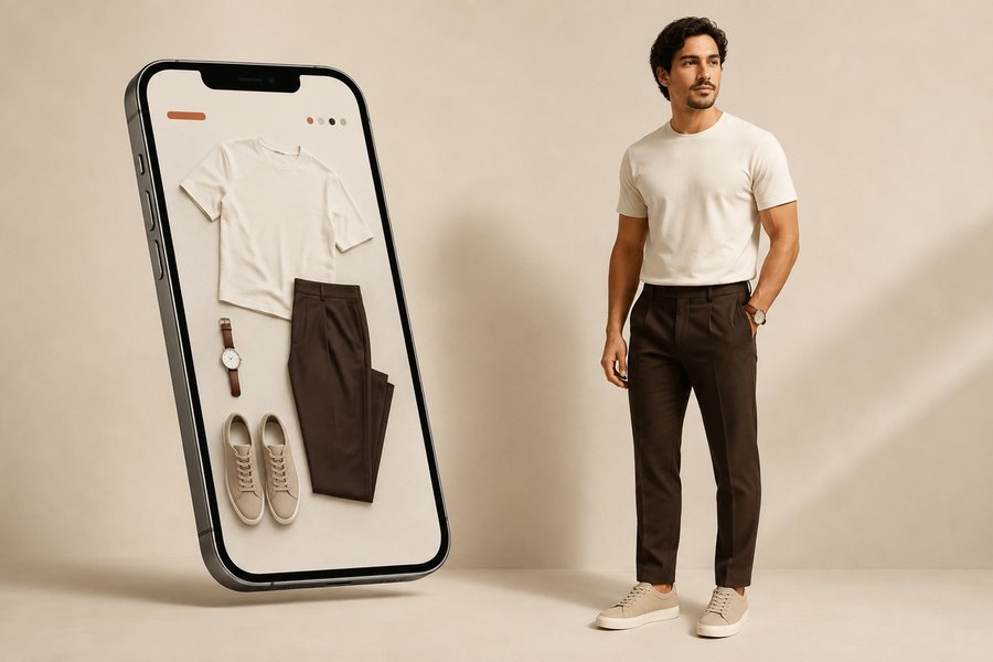 Looks completos organizados no app Cerne, ao lado de um homem vestindo uma das combinações