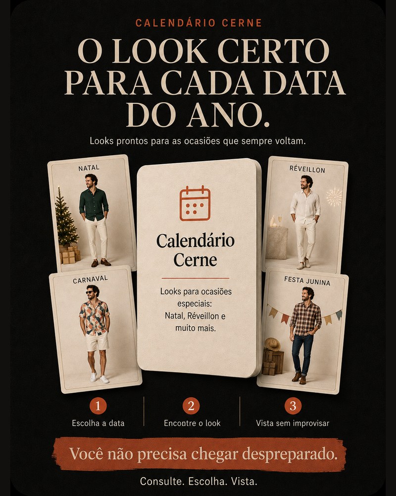 Calendário Cerne — o look certo para cada data do ano. Looks prontos para Natal, Réveillon, Carnaval e Festa Junina.